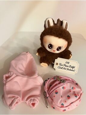 018,Pink Two-Piece Outfit & Mini Strawberry Print Backpack 4 Labubu doll(No Doll